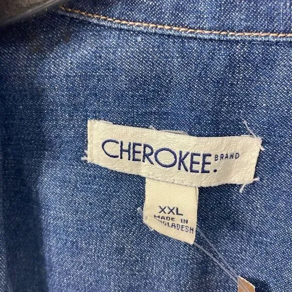 Cherokee XXL 1X Medium Wash Denim Button Down Top Y2K Big Shirt Pockets Western - Picture 10 of 10